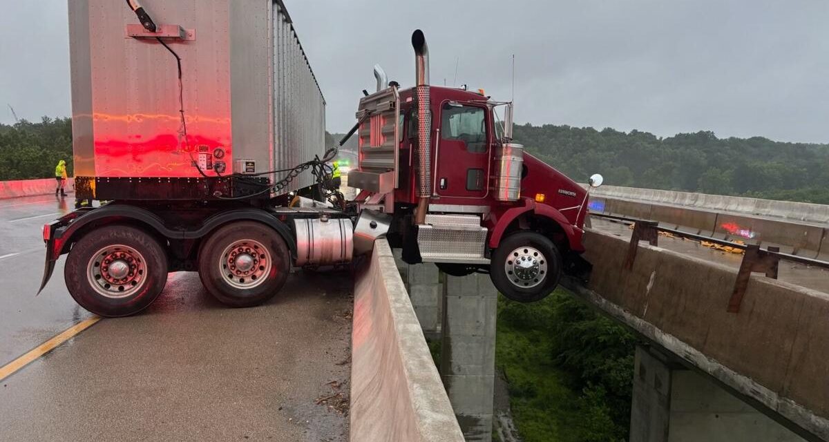 Tractor trailer hangs off edge of Varina-Enon Bridge