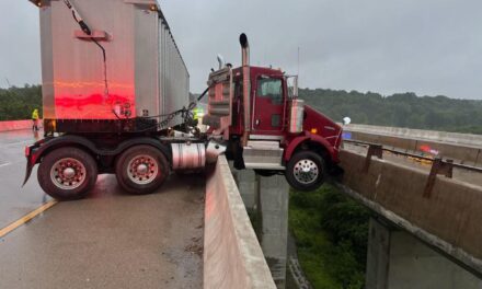 Tractor trailer hangs off edge of Varina-Enon Bridge